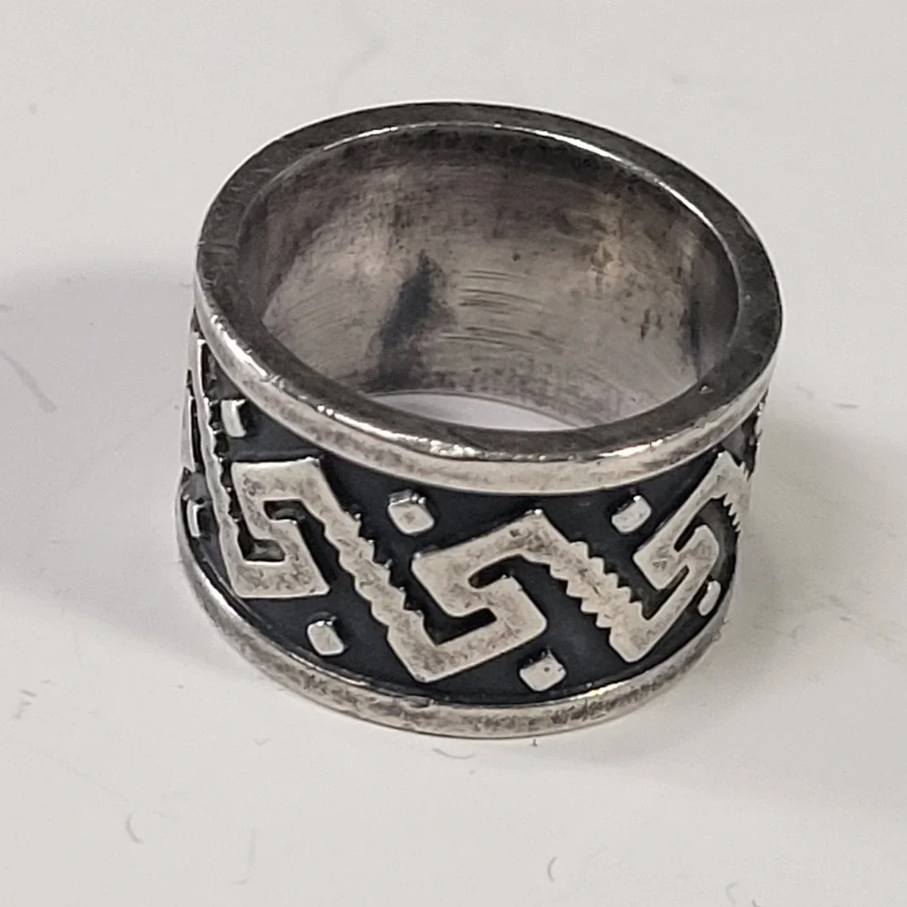 Vintage Mexico 925 Sterling Silver‎ Wide Band Ring Greek Key Size 6.5 - 10.2g